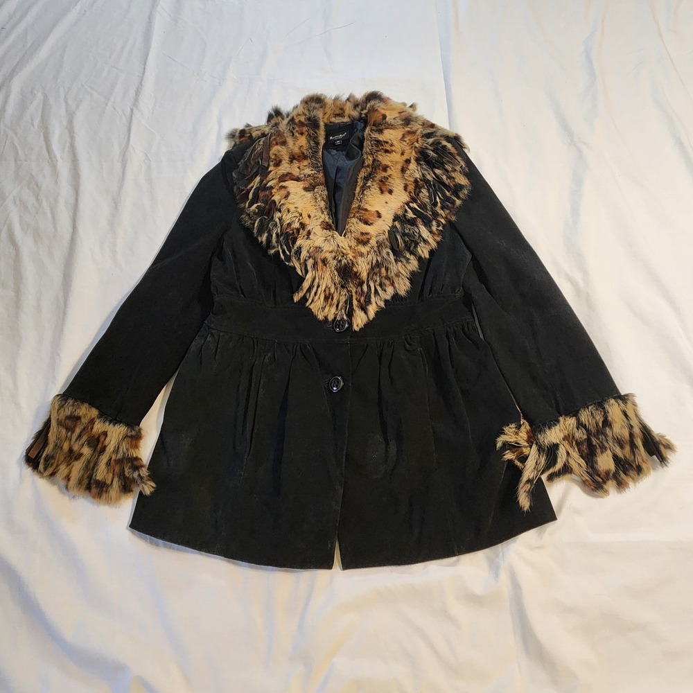 Raffaelo Suede Leather Jacket Leopard Faux Fur Trim Babydoll Peplum Coat M Y2K